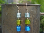 3 Bead Aqua & Lime Green 8mm Cube Earrings
